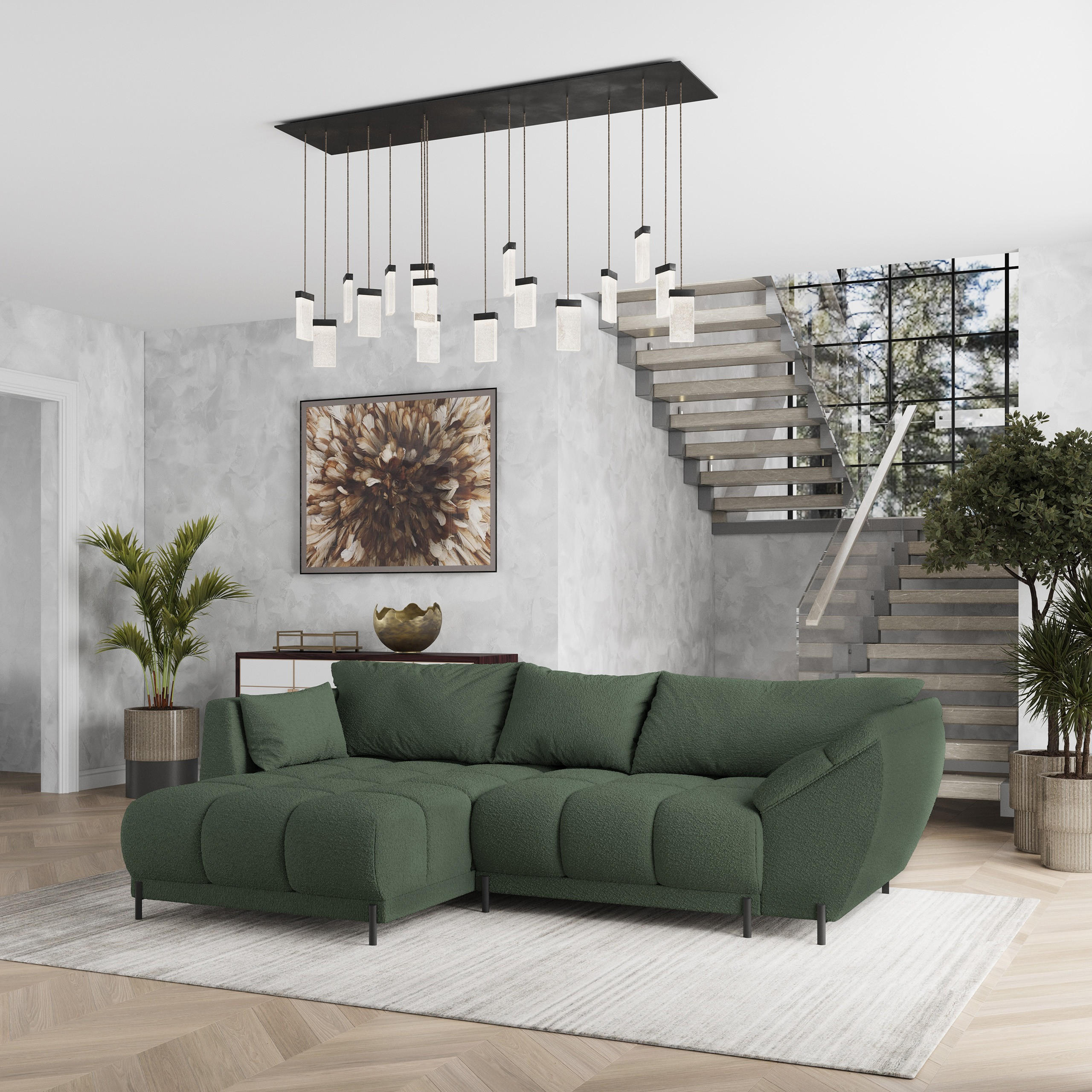 ECKSOFA VESTANO L-S Grün Boucle-Stoff mit Schlaffunktion - Grün, Holz (287/182cm) - MASSENO
