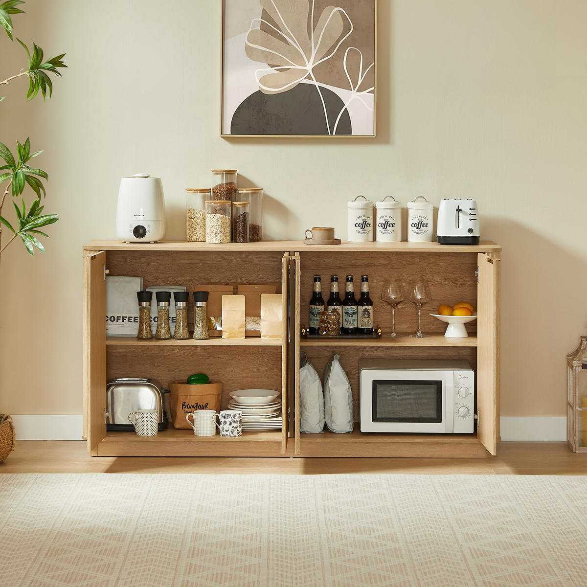 SIDEBOARD aus MDF 160x40x80 cm Eiche mit 4 Türen, Stauraum und Wellenfront - Eichefarben, Holzwerkstoff (160/80/40cm) - Modfu