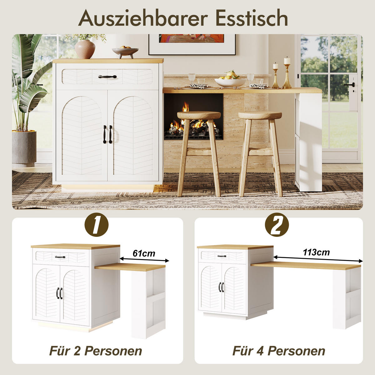 KÜCHENINSEL 80/70/95,5 cm weiß aus MDF mit Ausziehtisch - Weiß, Holzwerkstoff (80/95.5/70cm) - OKWISH