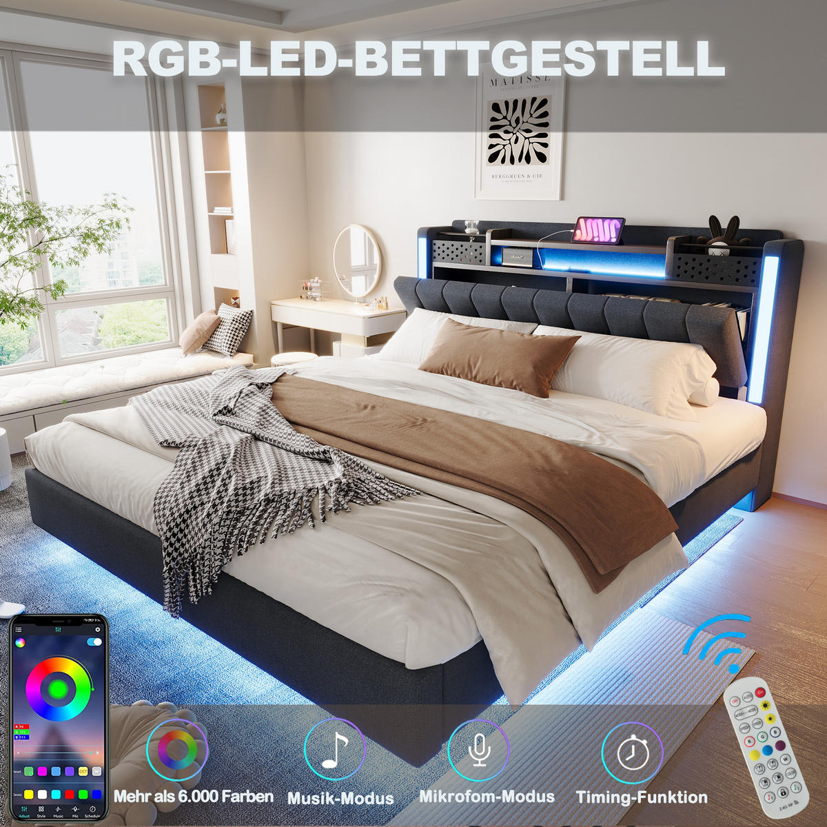 POLSTERBETT 160/200 cm in Grau Leinen mit LED, USB und Stauraum - Grau, Holzwerkstoff/Textil (160/200cm) - WISHDOR