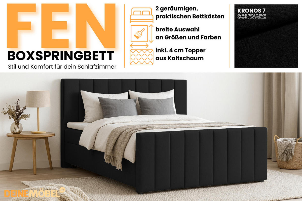 BOXBETT FEN 200/200 Velours Schwarz mit Taschen-Federkernmatratzen 7 Zonen H4 - Schwarz, Holz/Holzwerkstoff (200/200cm) - Deine Möbel 24