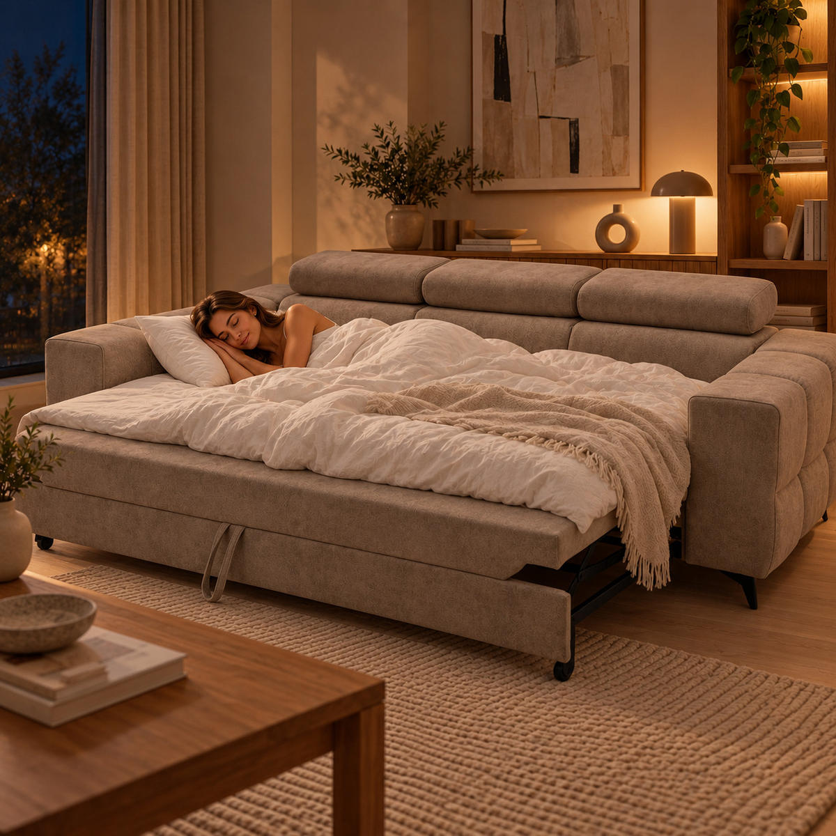 3-SITZER Sofa PUDDING mit Schlaffunktion 127x190 Velours Beige - Beige/Schwarz, Holz/Textil (260/90/100cm) - Muffo