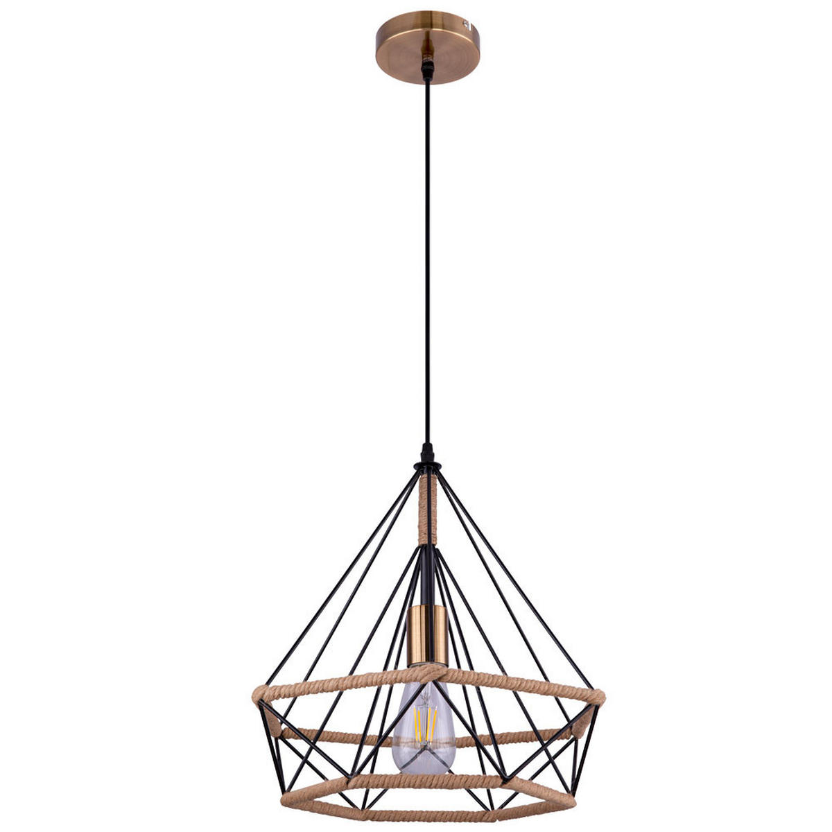 LED Hängeleuchte Hanfseil Braun - Schwarz, Metall (38/38/150cm) - Globo Lighting