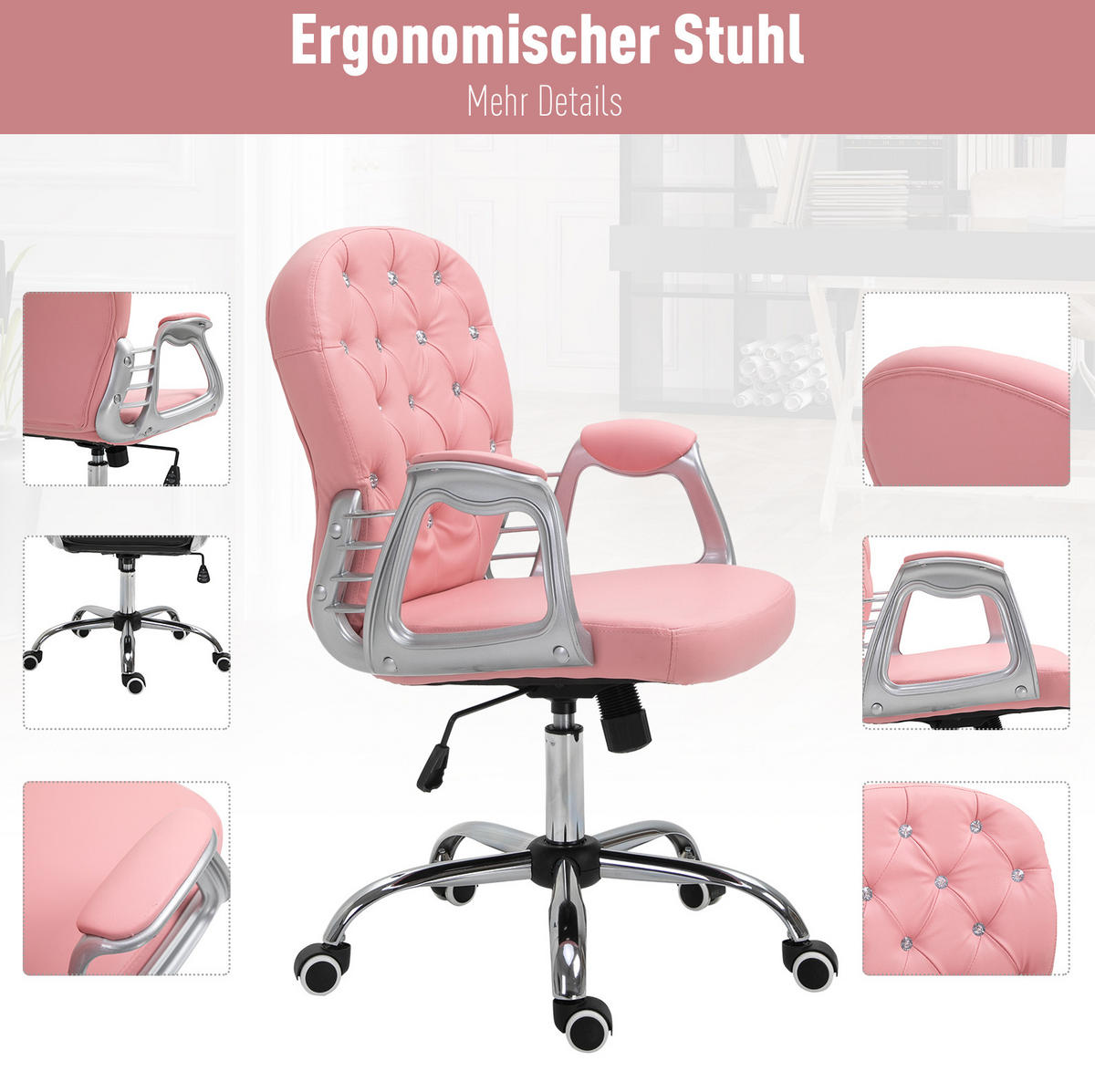BÜROSTUHL in Rosa 60,5x59,5x105 cm, höhenverstellbar und gepolstert - Pink, Kunststoff (59.5/105/60.5cm) - IVMEU