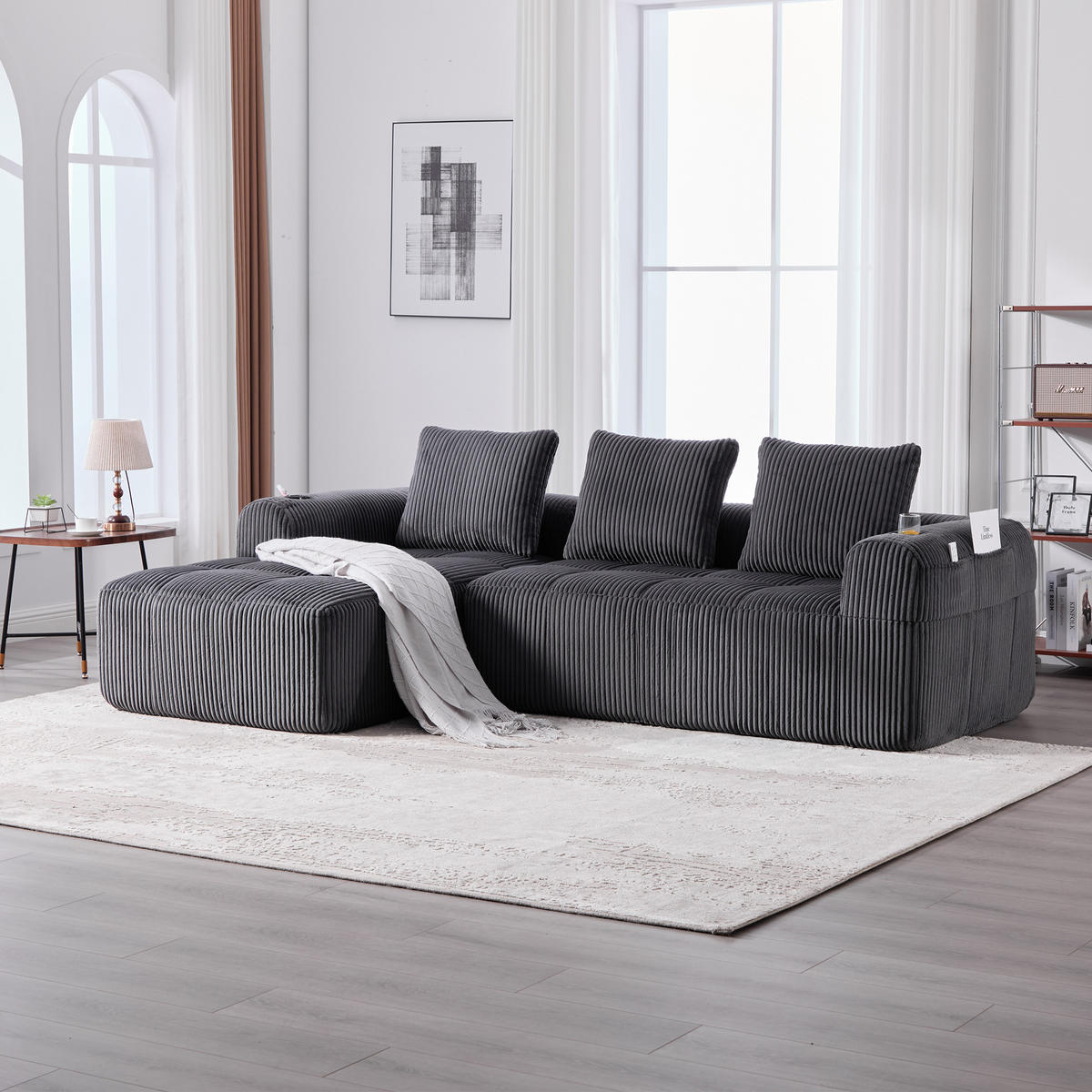 ECKSOFA Cord Dunkelgrau mit Becherhaltern, Seitentaschen und mit 3 Kissen - Dunkelgrau, Textil (253/158cm) - WISHDOR