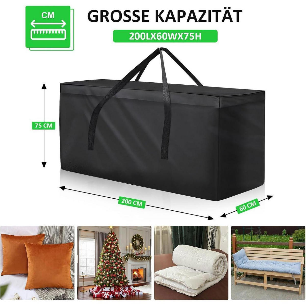 AUFBEWAHRUNGSTASCHE für Gartenauflagen 200 x 60 x 75 cm - Schwarz, Textil (40/55/125cm)