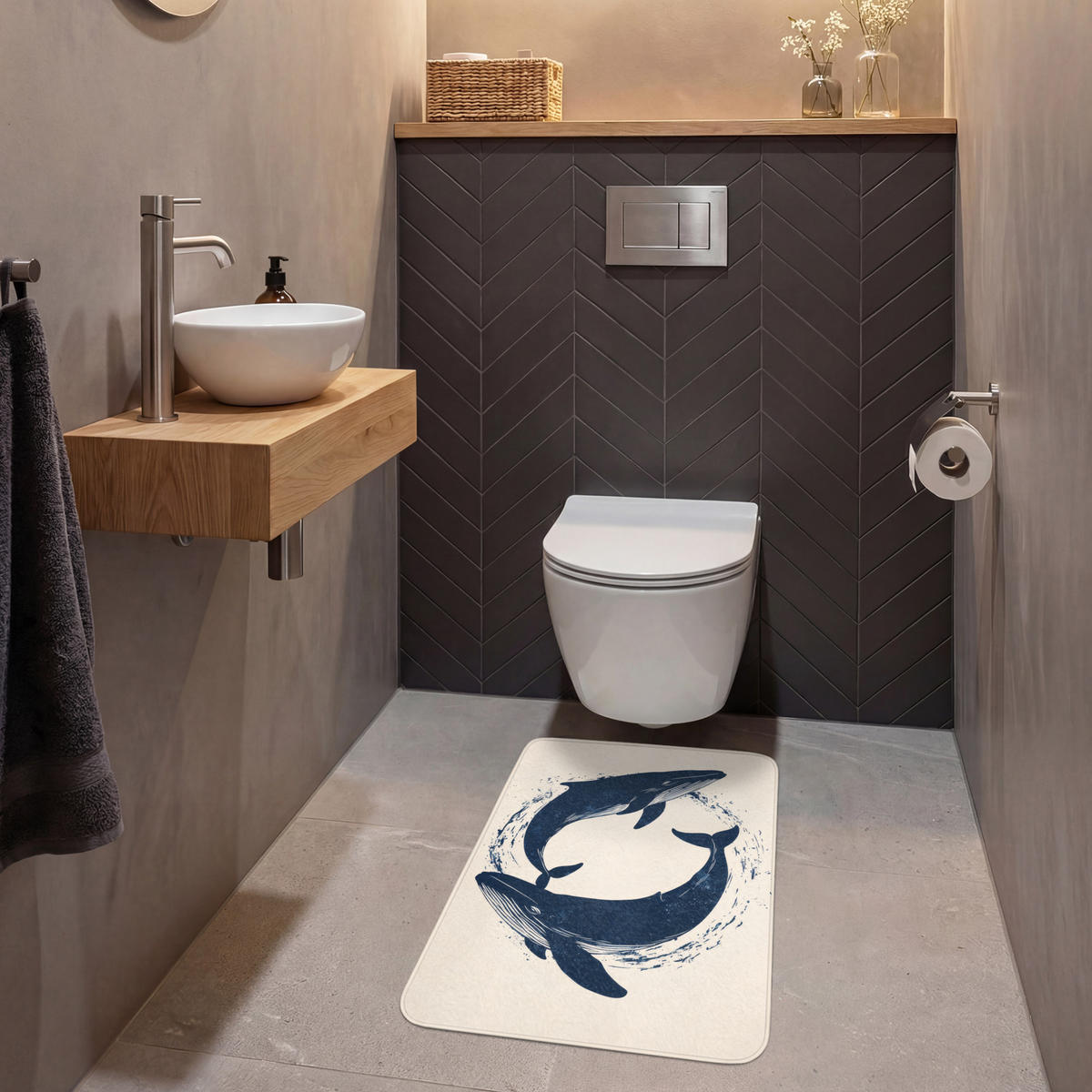 WC PŘEDLOŽKA Velryby - Stříkance - Kruh - Tmavě modrá 50x80 cm - tmavě modrá, textil/plast (50/1cm) - OnlyWow