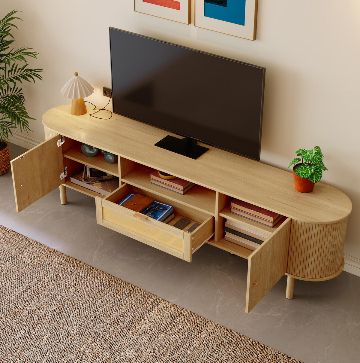TV-SCHRANK mit Rattanschublade 175 x 36 x 51 cm MDF Natur - Braun, Holzwerkstoff (36/51/175cm) - Beauniv