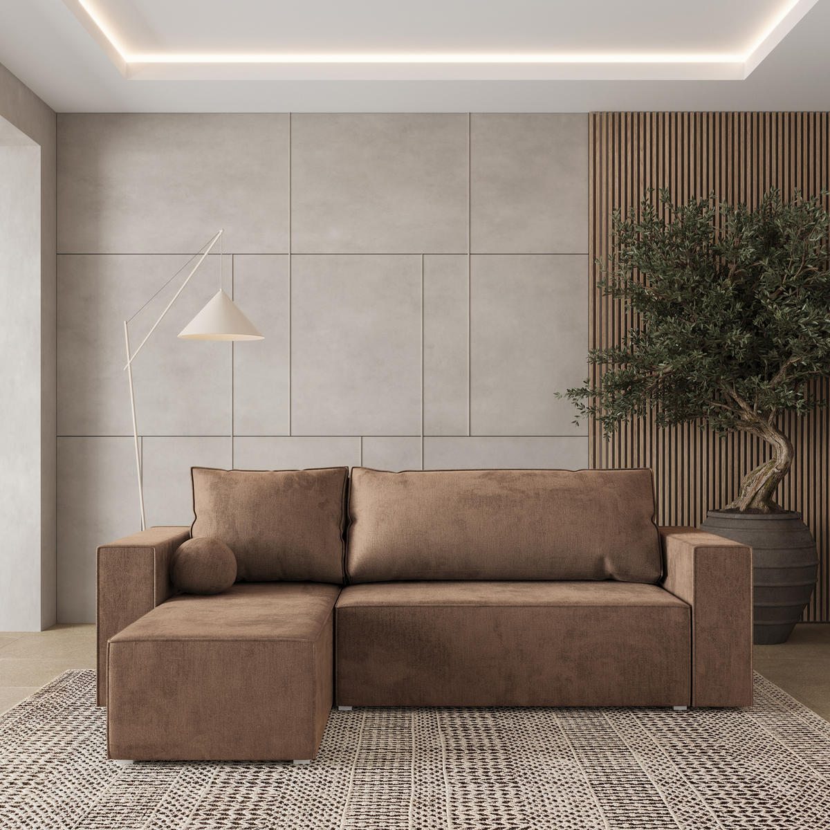 ECKSOFA RAVELO M Beige Velours-Stoff mit Schlaffunktion - Beige, Holz (240/140cm) - MASSENO