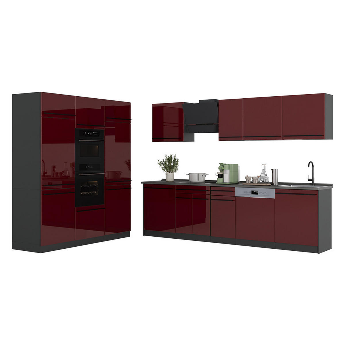 KÜCHENZEILE R-Line, Rot Hochglanz/Anthrazit, 180 cm Arbeitsplatte Goldkraft Eiche - Anthrazit/Rot, Holzwerkstoff (180/206.8/60cm) - Vicco