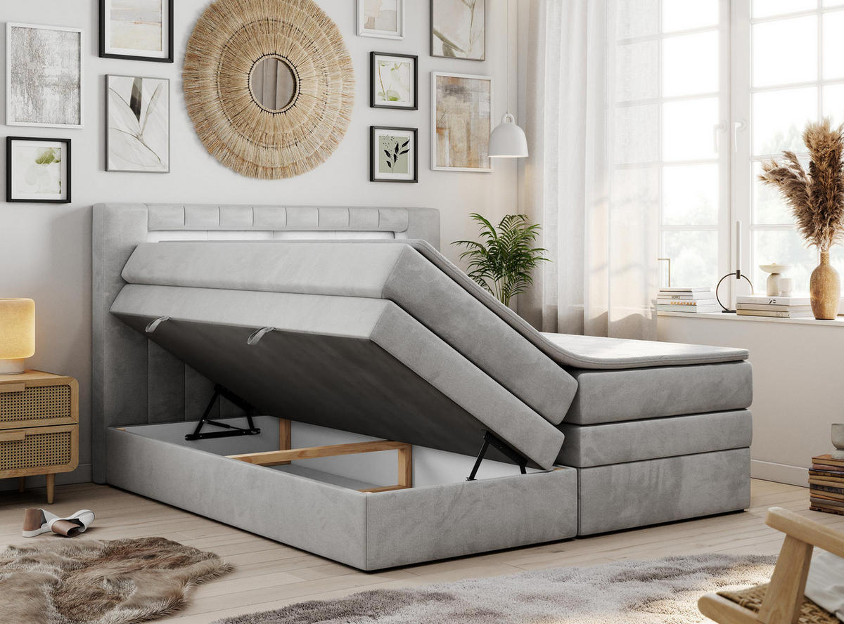 BOXSPRINGBETT GOLD-5 KING LED 120/200 Hellgrau Velvet - H4 - Hellgrau, Holz/Textil (120/200cm) - MKS