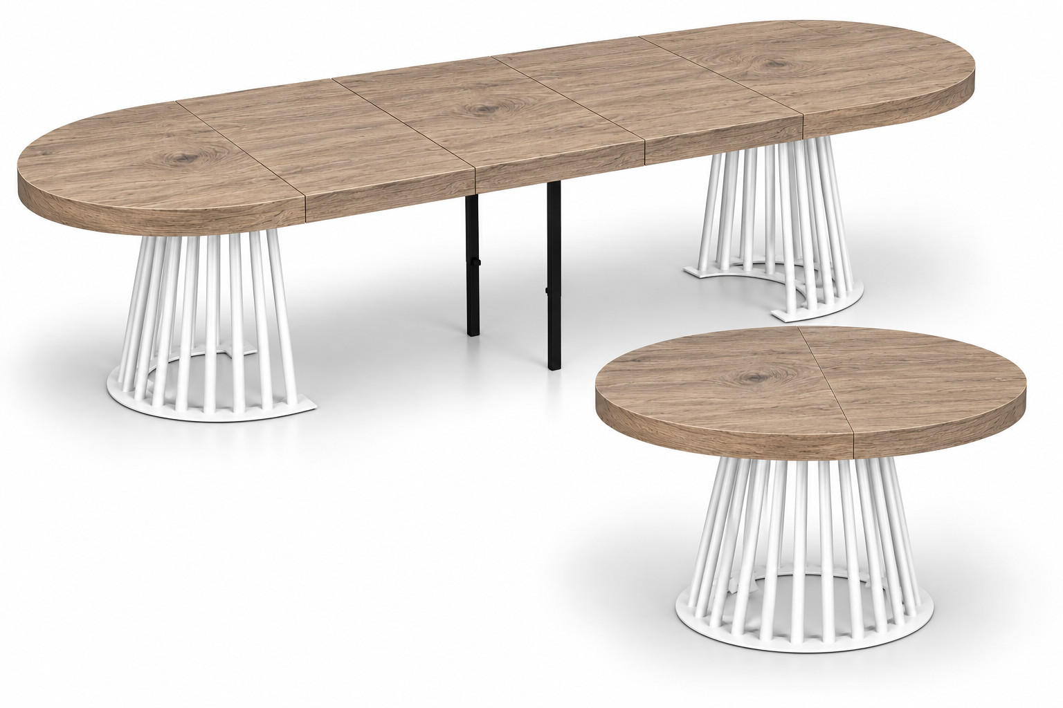 ESSTISCH rund ausziehbar 110/310/76 cm, Eiche Halifax Egger, 54 cm Tischplatte + Lamellen-Metallgestell Weiß - Eichefarben/Graubraun, Holzwerkstoff/Metall (110/310/76cm) - Damale Möbel