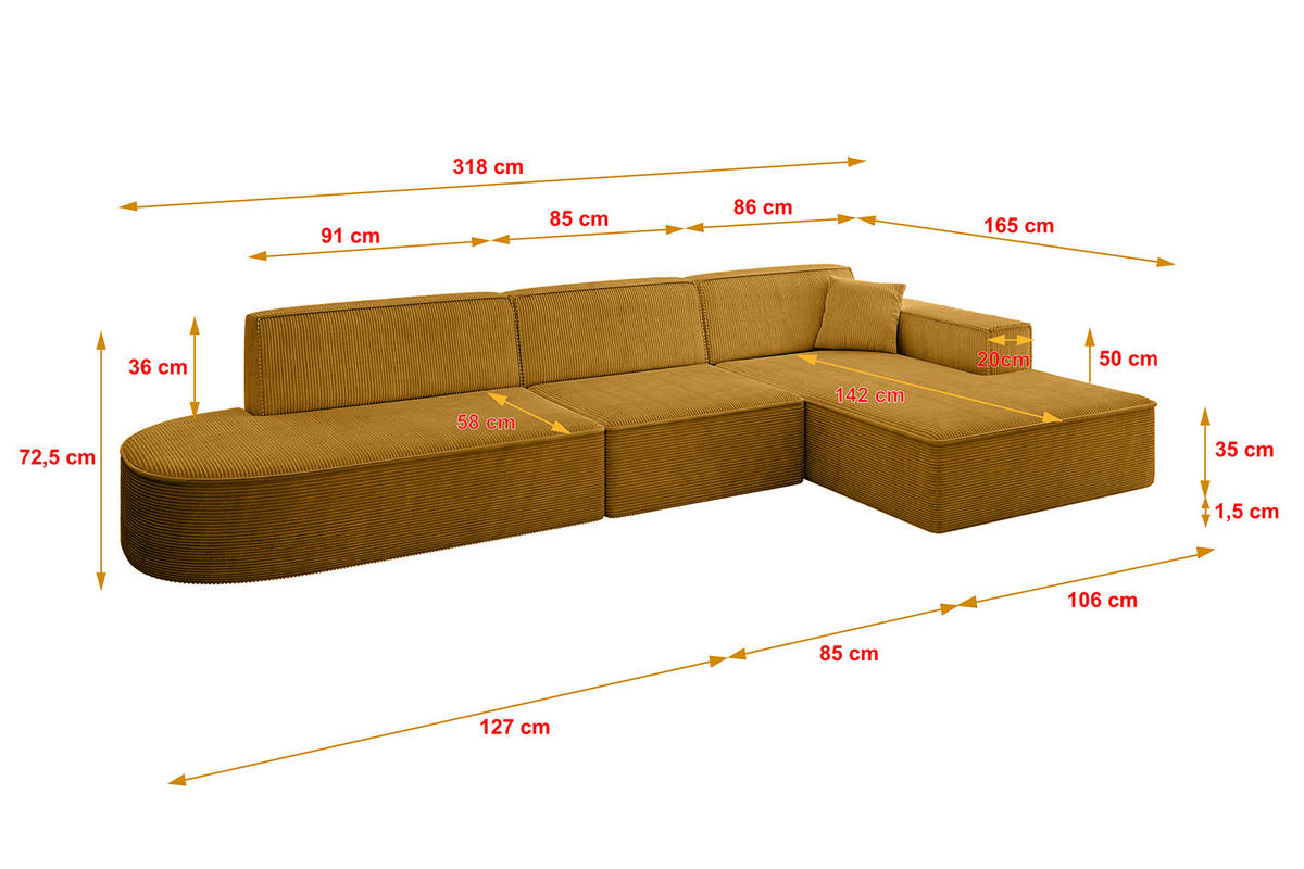ECKSOFA Ottomane Rechts IREA-L2-v4 - 318x165x72,5 cm Senfgelb - Currygelb/Gelb, Holzwerkstoff/Textil (318/165cm) - ALTDECOR