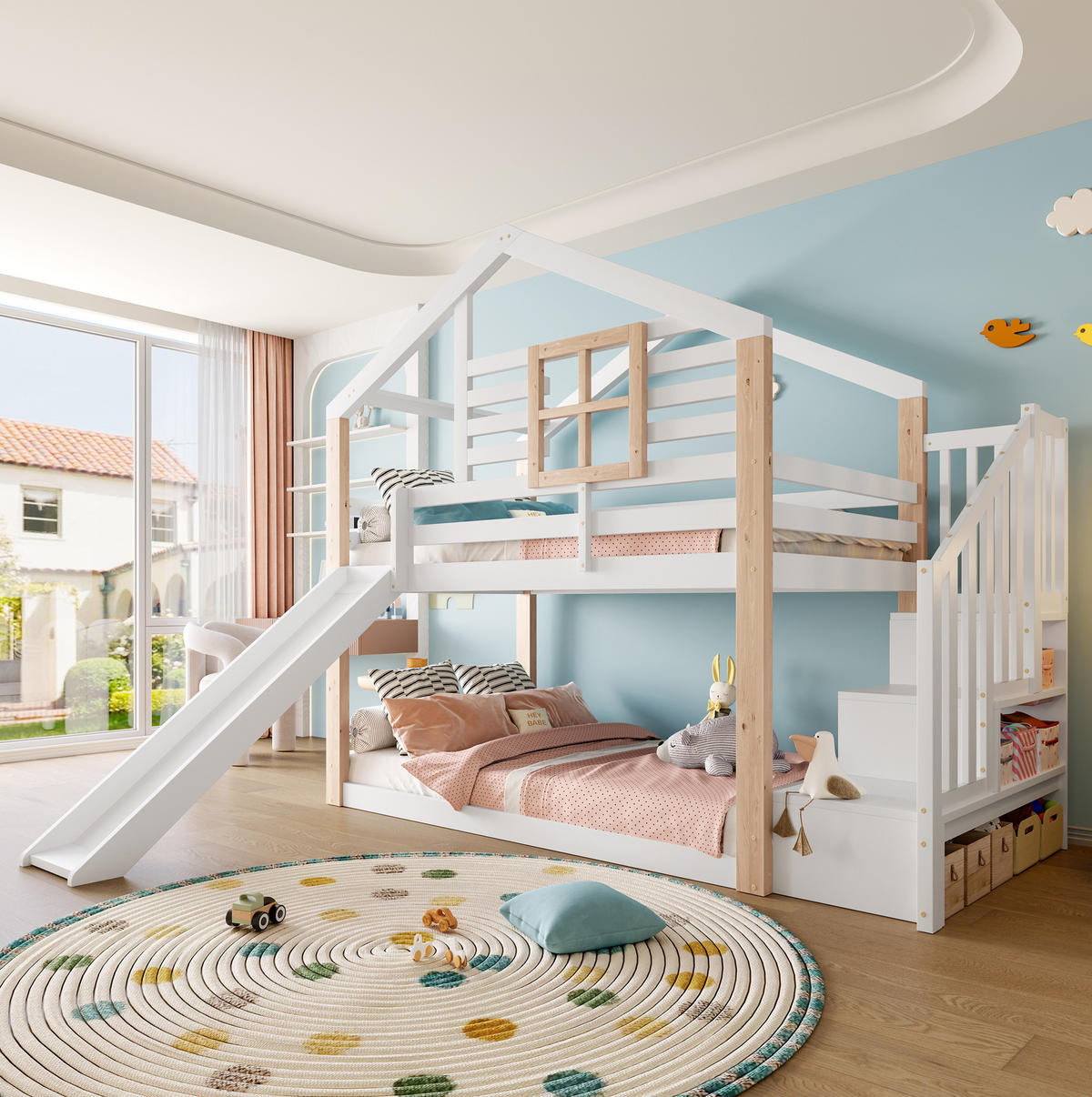 ETAGENBETT 90/200 cm weiß mit Rutsche und Treppe mit Stauraum - Weiß, Holz (90/200cm) - OKMYHOME