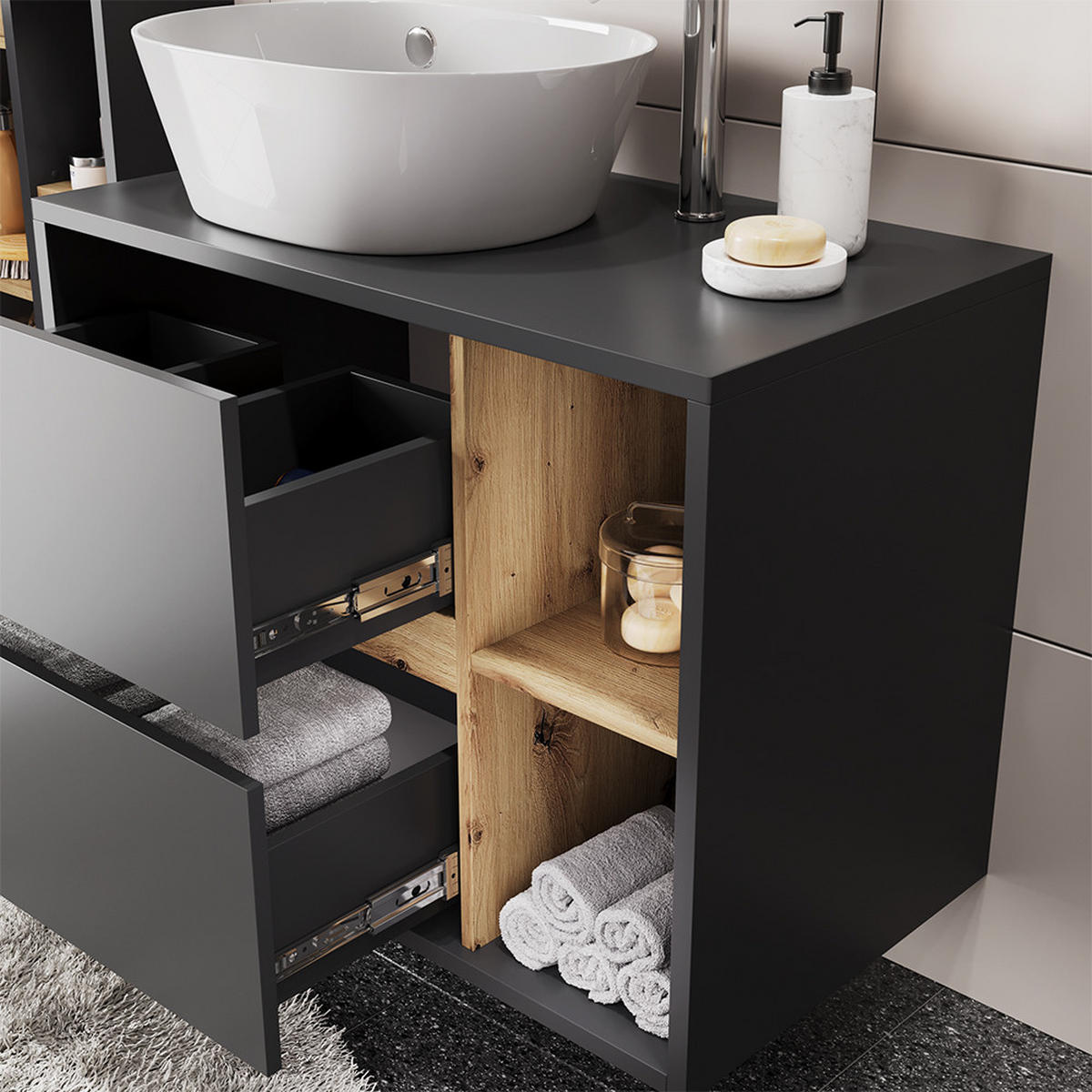 SADA KOUPELNOVÉHO NÁBYTKU Viola Grey/Artisan - šedá/dub artisan, kompozitní dřevo (80/60/46cm) - Vicco