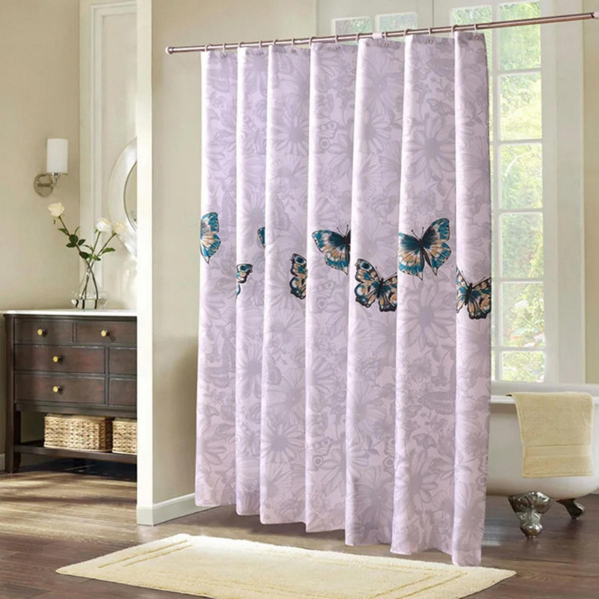 DUSCHVORHANG Schmetterling floral 180 x 180 cm Design Druck wasserdicht - Weiß, Textil (180/180cm) - MCBOSON
