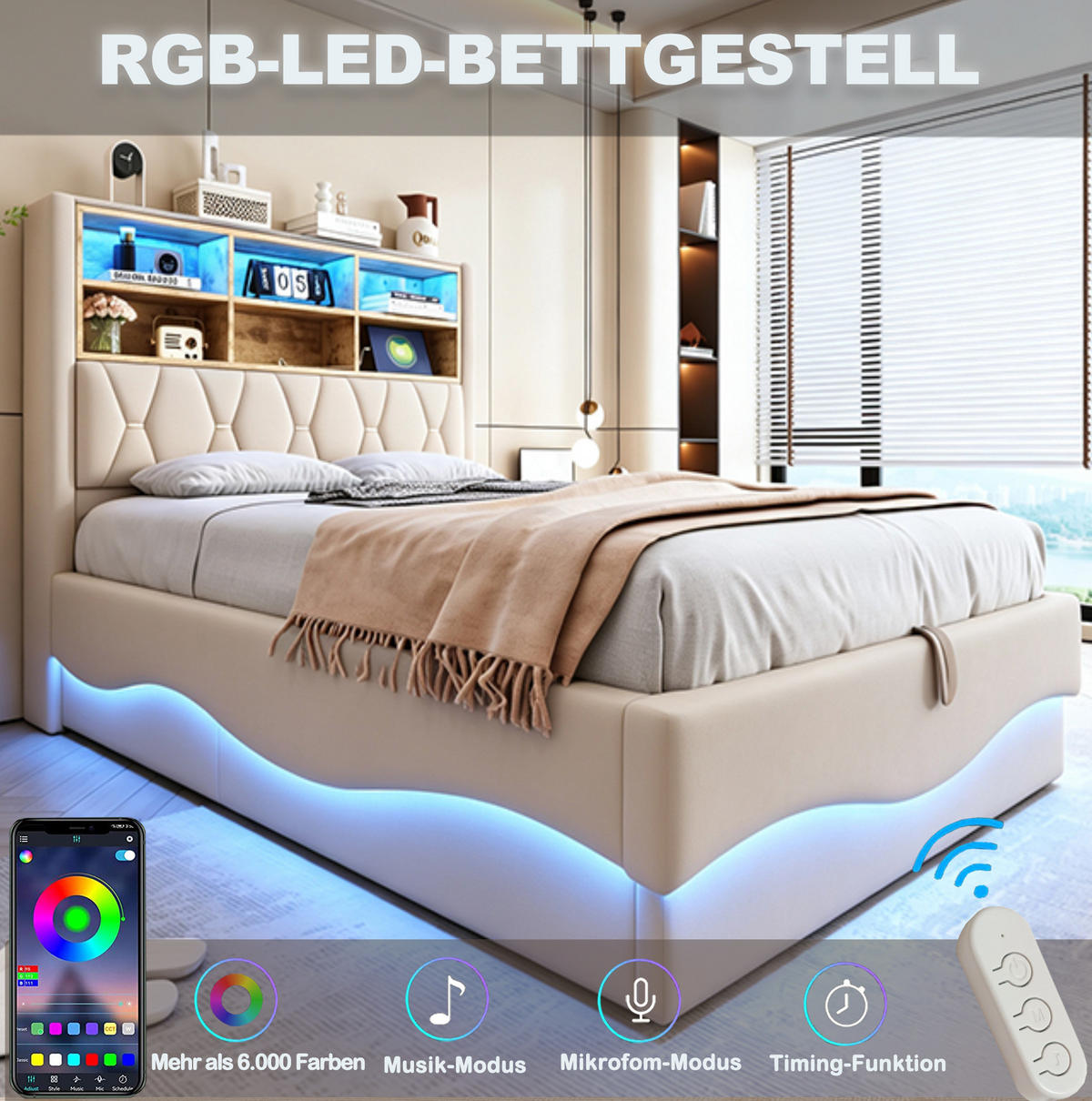 POLSTERBETT 140/200 cm in Beige mit LED-Beleuchtung und Stauraum - Beige, Metall (140/200cm) - Flora Grace