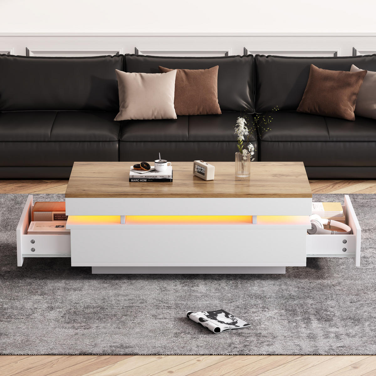 COUCHTISCH 100/50/35 cm mit LED-Beleuchtung und 2 Schubladen, Hochglanz, Weiß/Holzton - Weiß/Eiche Artisan, Holzwerkstoff (100/50/35cm) - Redom