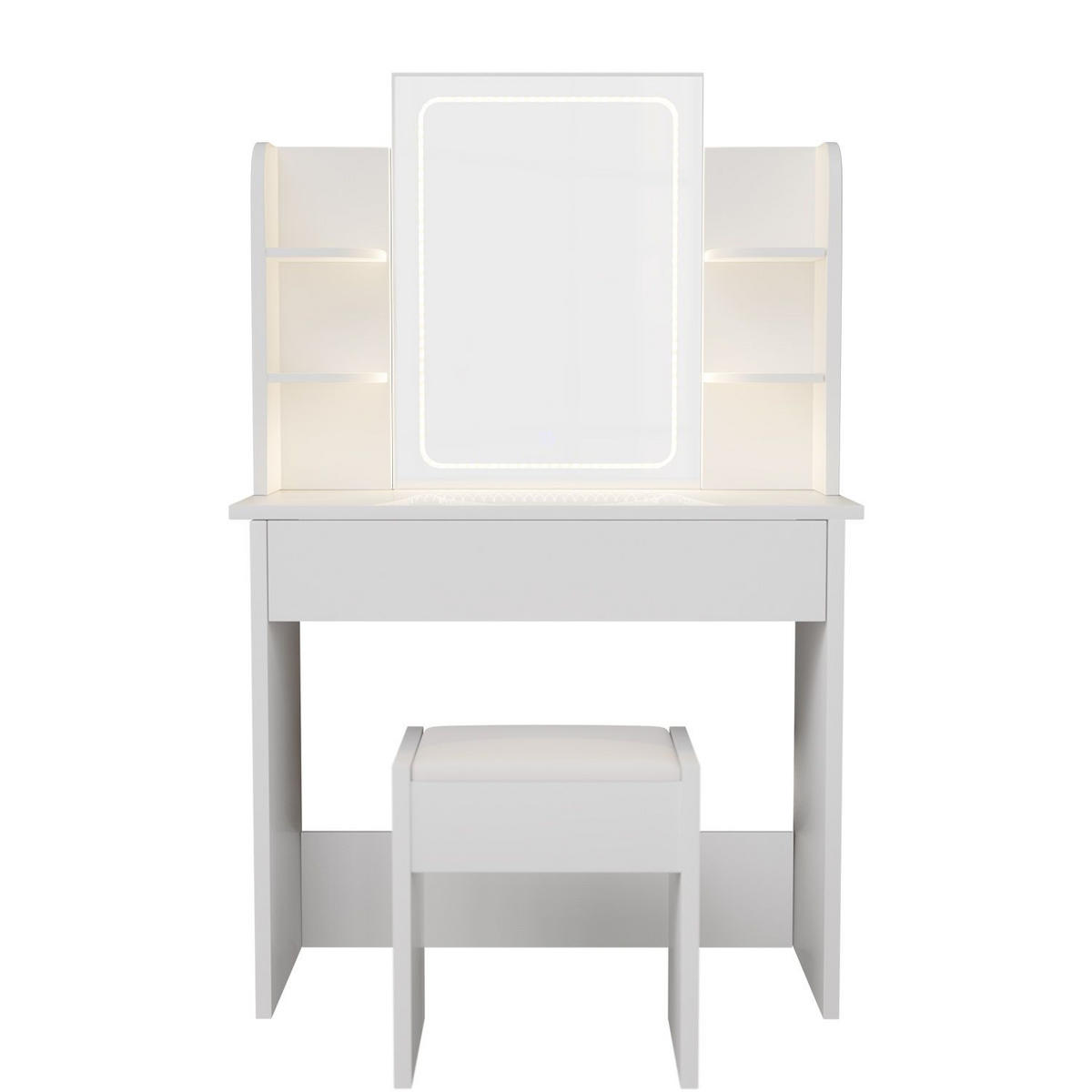 SCHMINKTISCH Zoey LED-Spiegel & Hocker Melly - Weiß, Holz (40/140/90cm) - Juskys