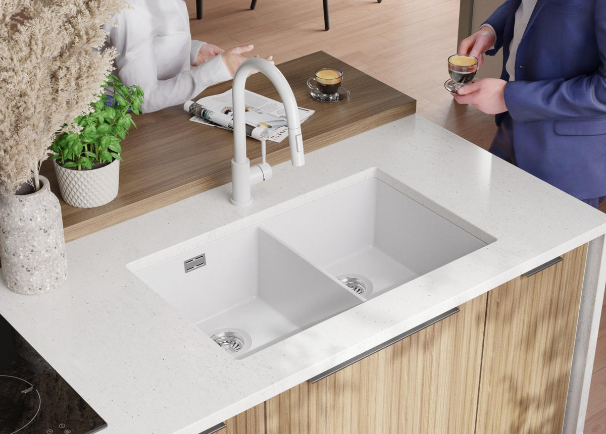 UNTERBAUSPÜLE GRANIT London Twin, 2-er set Weiß 76/47 cm 2 Becken + Küchenarmatur 32/20 cm + Ablauf-Set ab 80er Unterschrank - Chromfarben/Weiß, Kunststoff (76/20/47cm) - Primagran