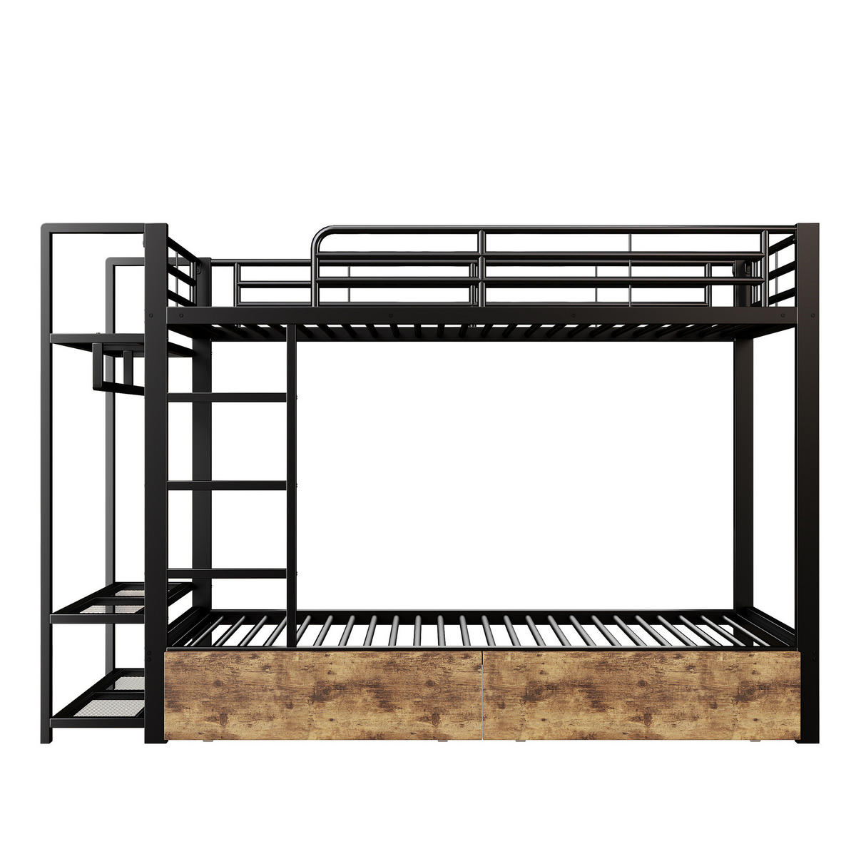 ETAGENBETT aus Metall 90x200 cm Schwarz mit LED-Lichtleiste, 2 Schubladen, Regalen und Kleiderstange - Schwarz, Metall (90/200cm) - Modfu