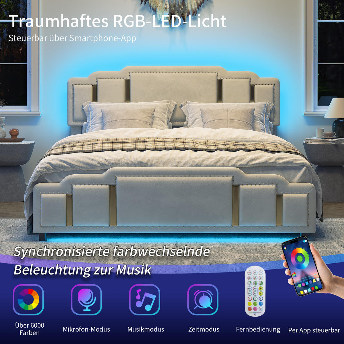 POLSTERBETT 140/200 cm Beige aus Samt mit LED - Beige, Textil (140/200cm) - OKMYHOME