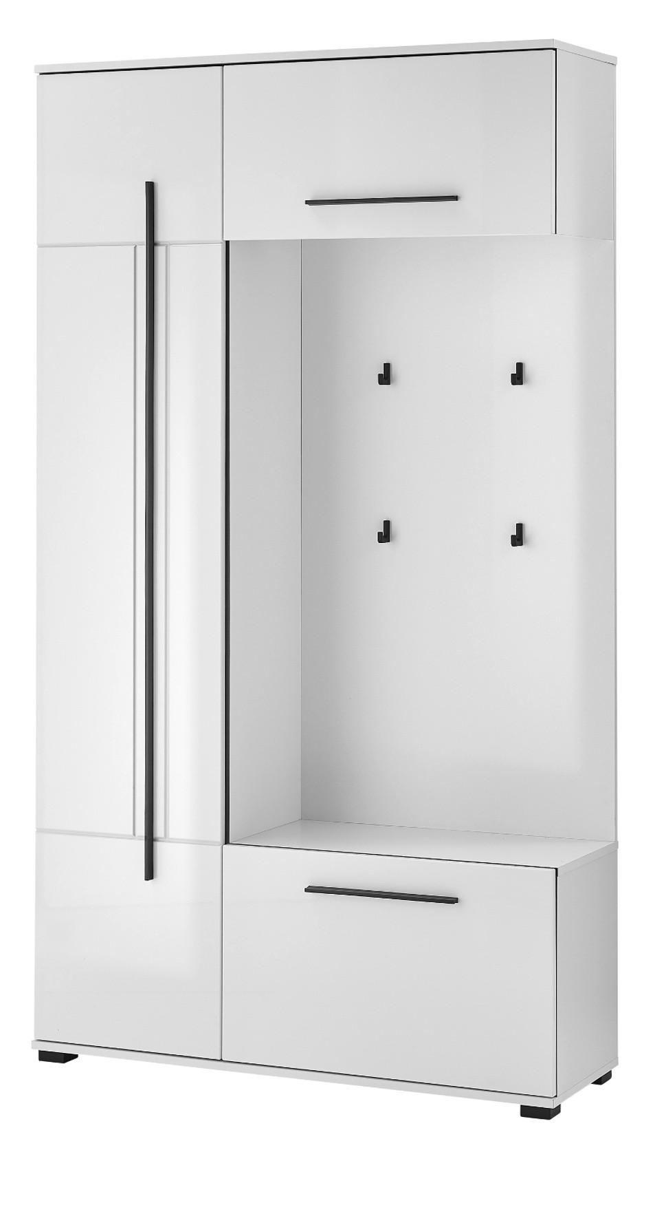 KOMPKATGARDEROBE weiß Hochglanz 111 x 200 cm, Garderobe mit Soft-Close - Weiß Hochglanz/Schwarz, Holzwerkstoff/Kunststoff (111/200/37cm) - Furn.Design