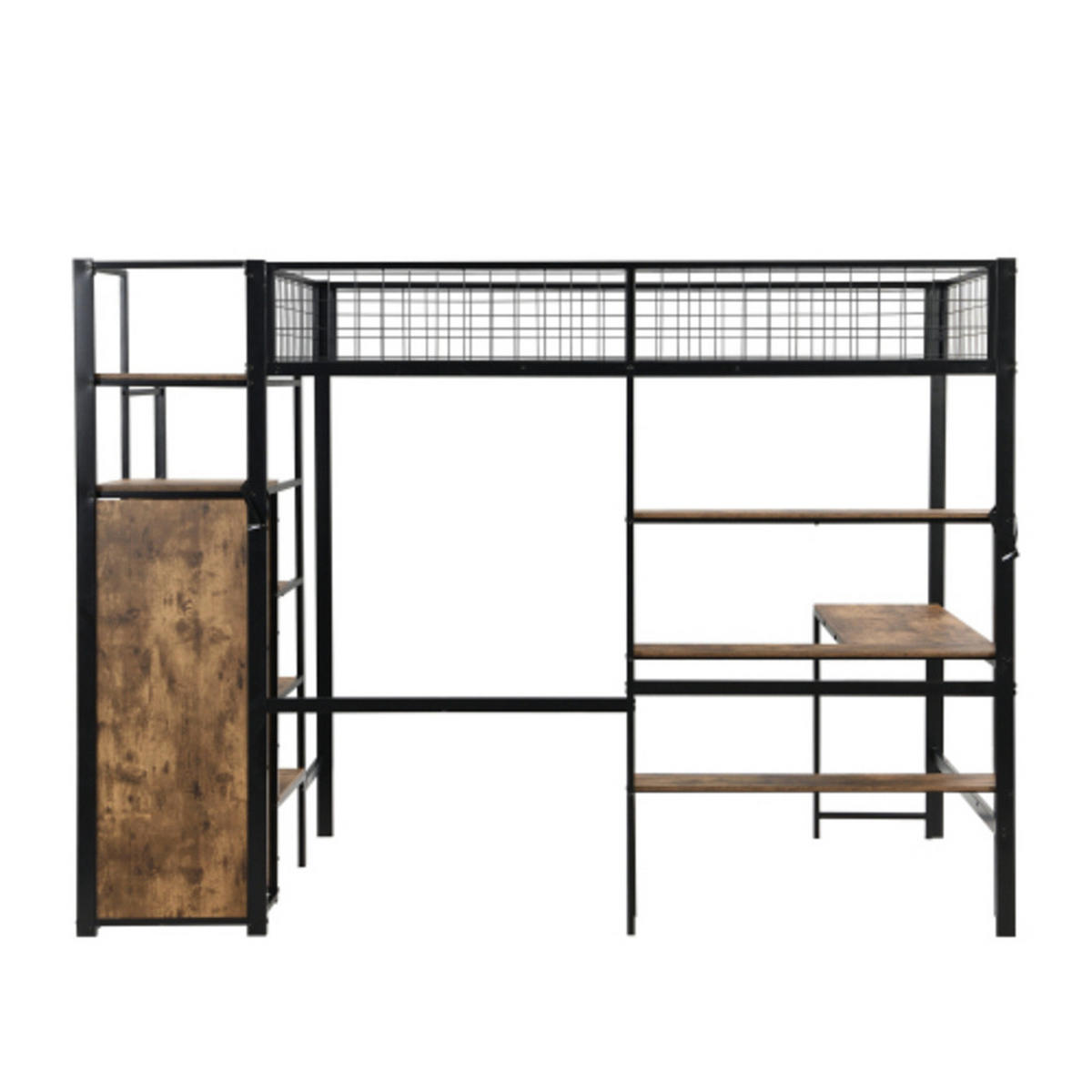 HOCHBETT 140 × 200 cm aus Metall und MDF mit Schreibtisch, Regalen und Kleiderschrank, schwarz - Schwarz, Holzwerkstoff - Luhomfu