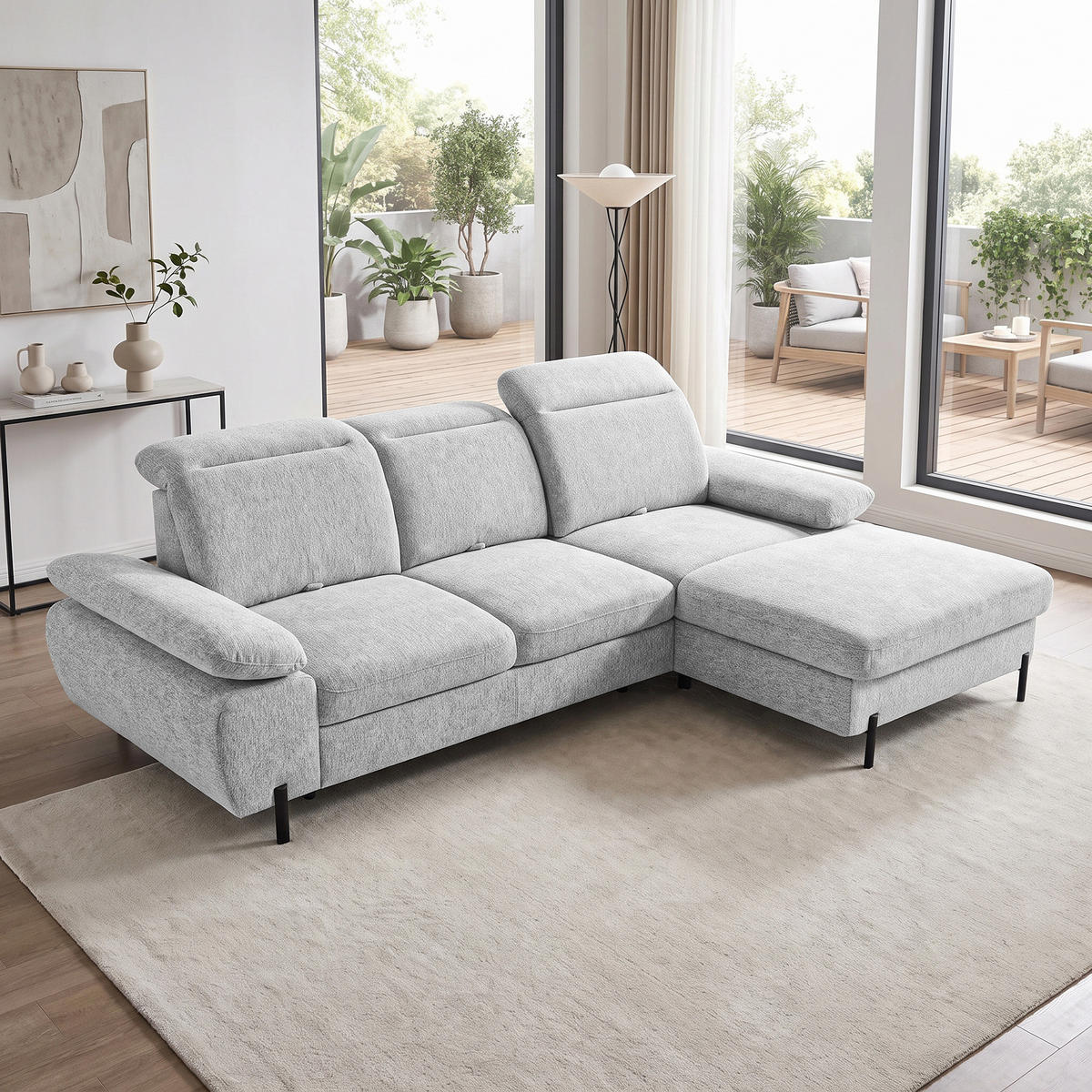 ECKSCHLAFSOFA Sora Mini mit verstellbaren Kopfstützen und Schlaffunktion, Chenille-Stoff, Hellgrau, Rechts - Hellgrau/Schwarz, Textil (190/285cm) - Beautysofa