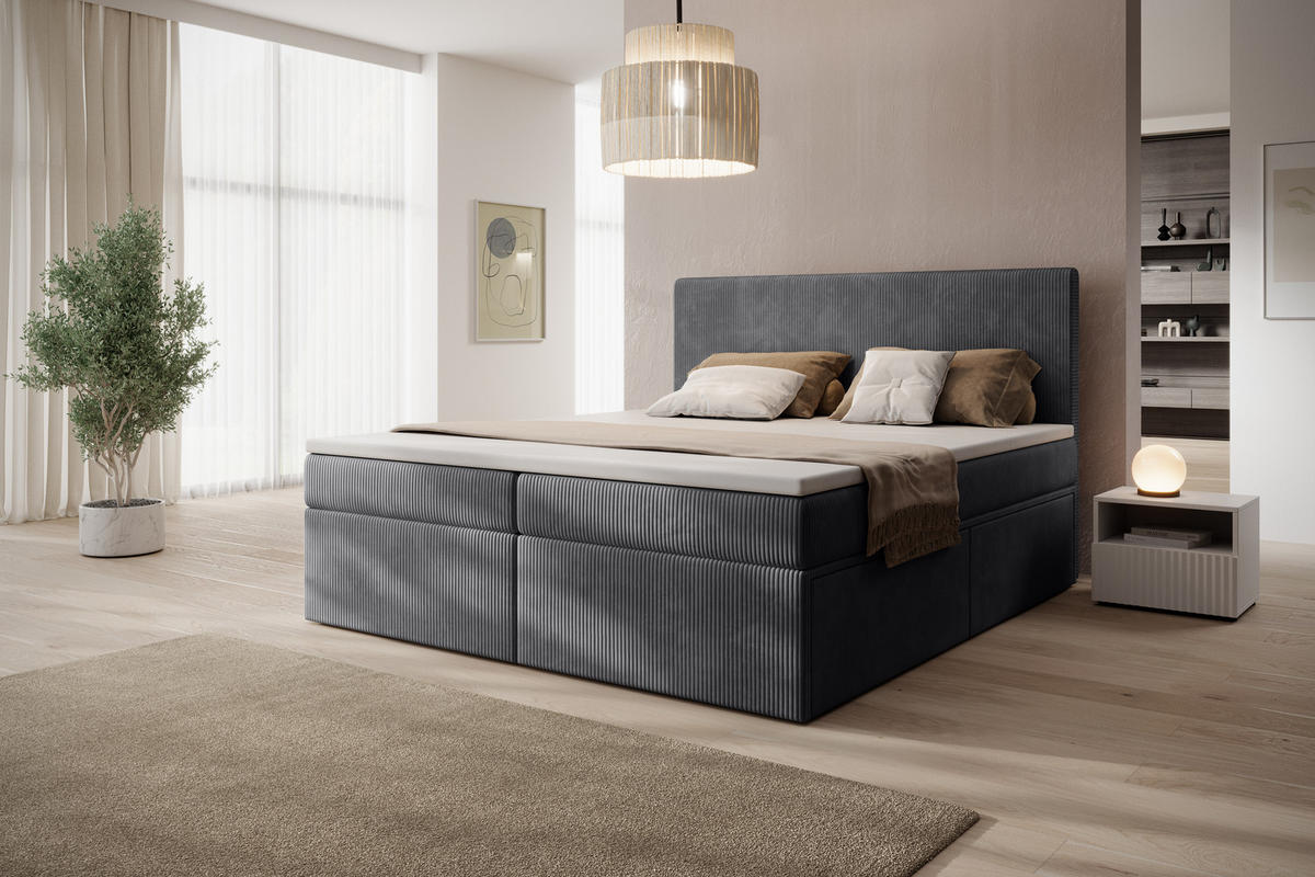 BOXSPRINGBETT Siena mit Schubladen und Topper, POSO-Cordstoff, 180x200 cm, Dunkelgrau - Dunkelgrau, Holz - PROMETO Möbel