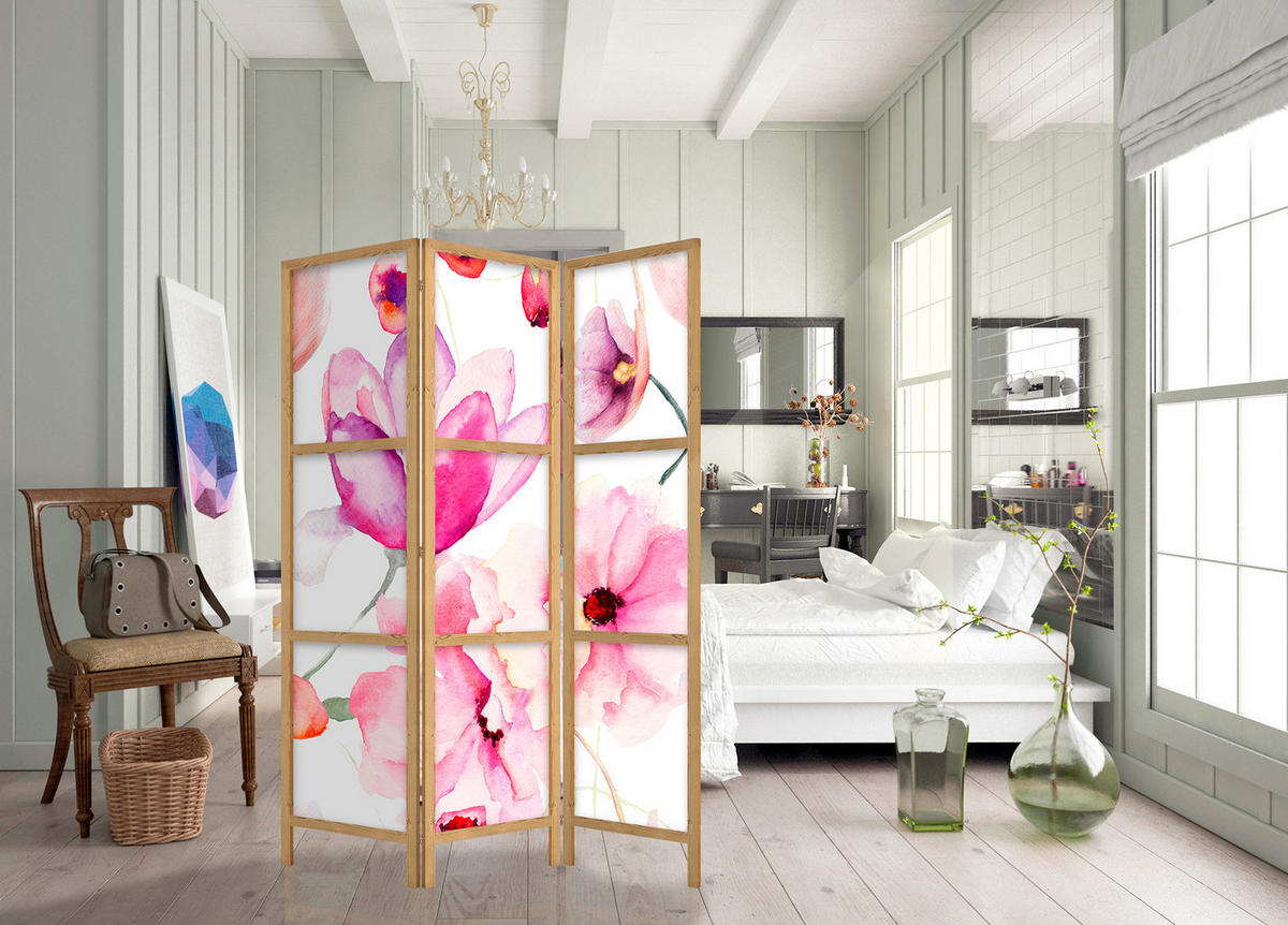 PARAVENT Japanischer 3-tlg 135x172 cm Aquarell Blumen - Rosa, Holz/Textil (135/172/3cm) - Muralo