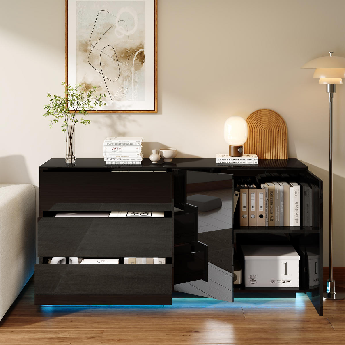 FERNSEH- & STAURAUMSCHRANK mit Hochglanzfront & LED - Schwarz, Holzwerkstoff (35/76/160cm) - SHOPENTRA