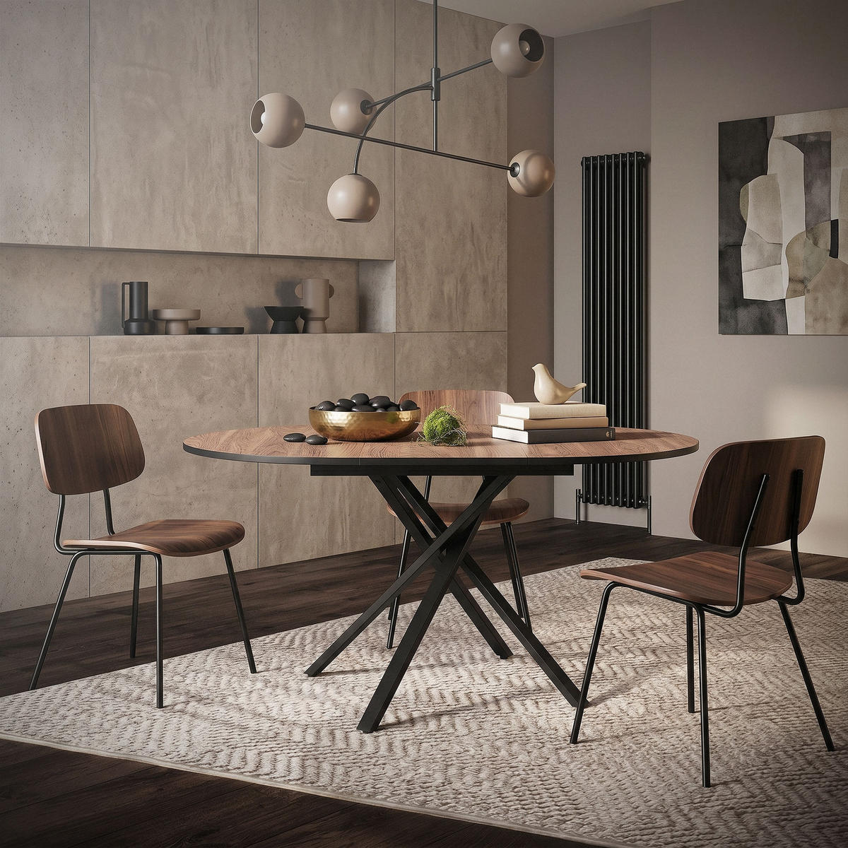 ROZKLÁDACÍ kulatý jídelní stůl v hnědé barvě s imitací dřeva 100–140 × 76 × 100 cm - černá/hnědá, kov/kompozitní dřevo (69/69/76cm) - ML-DESIGN