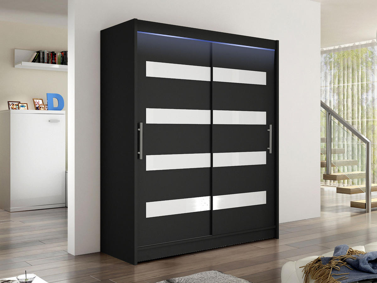 SCHWEBETÜRENSCHRANK Westa IV, mit RGB LED Beleuchtung - Silberfarben/Schwarz, Holzwerkstoff/Metall (150/200/58cm) - MIRJAN24