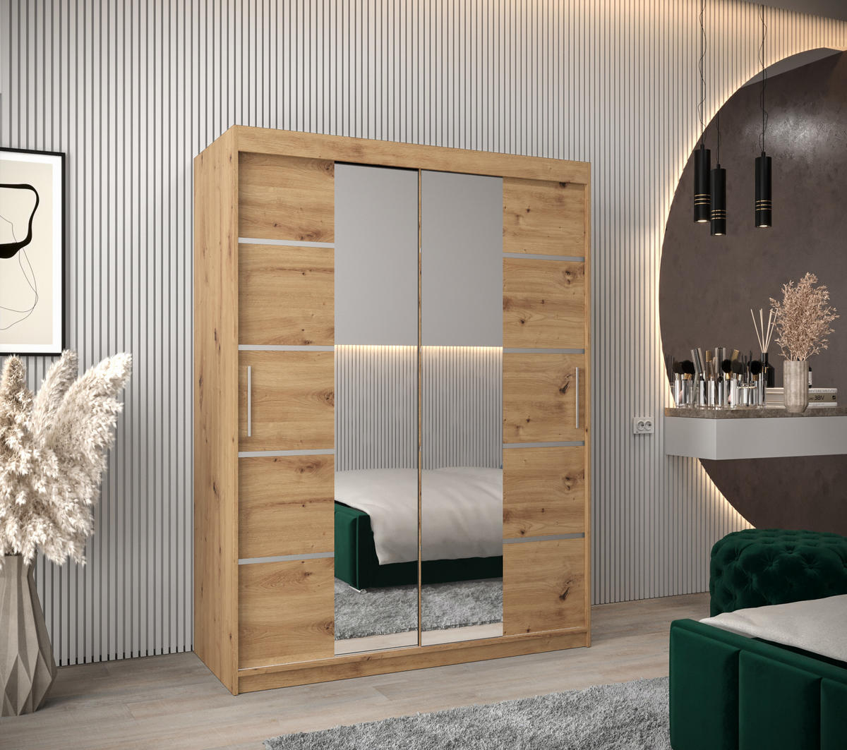 SCHWEBETÜRENSCHRANK 200/150/62 2-türig - Silberfarben/Eiche Artisan, Holz/Kunststoff (150/200/62cm) - Abiks Möbel