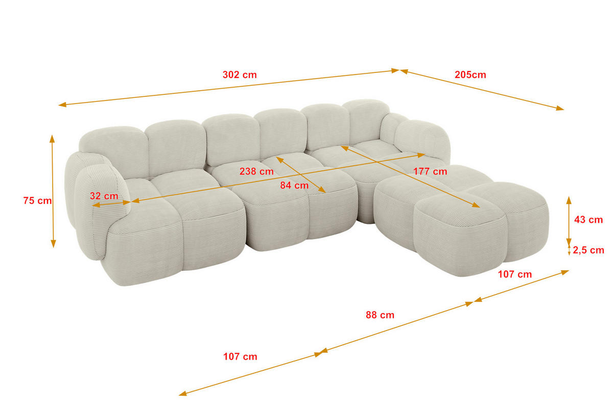 ECKSOFA modulares Sofa Rechts Miko-L2 302x205x75 Creme Cord - Schwarz/Mokka, Holzwerkstoff/Kunststoff (302/205cm) - ALTDECOR