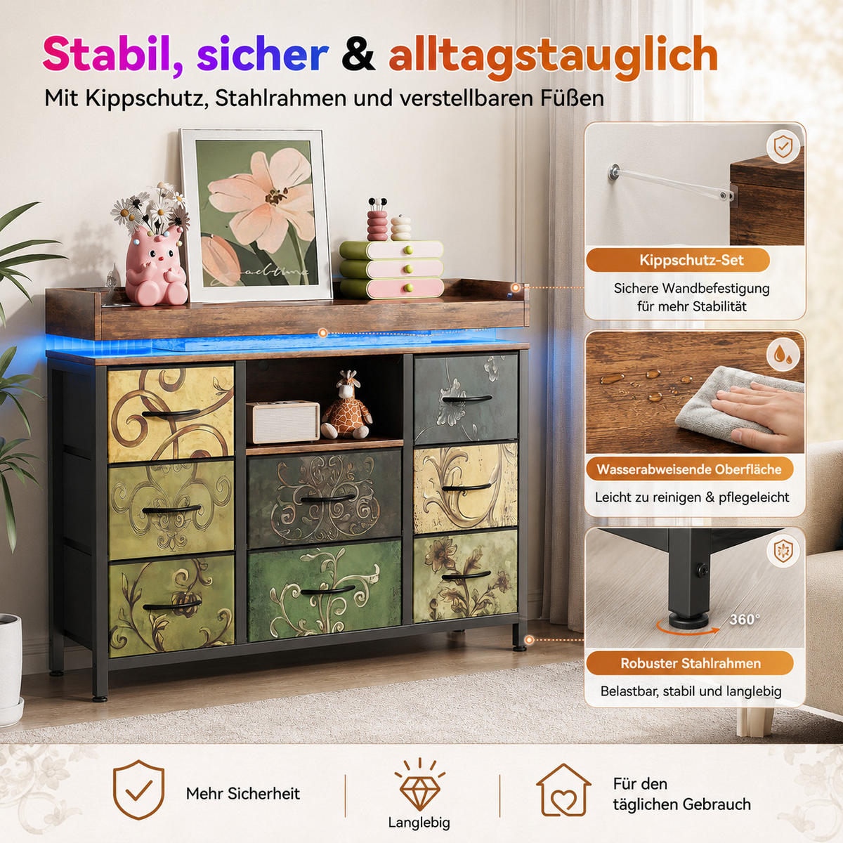 KOMMODE Vintage‑Blumen‑Design Stauraumschrank mit LED‑Beleuchtung 30/108/82 cm - Multicolor, Holz (108/82/30cm) - Joyfair