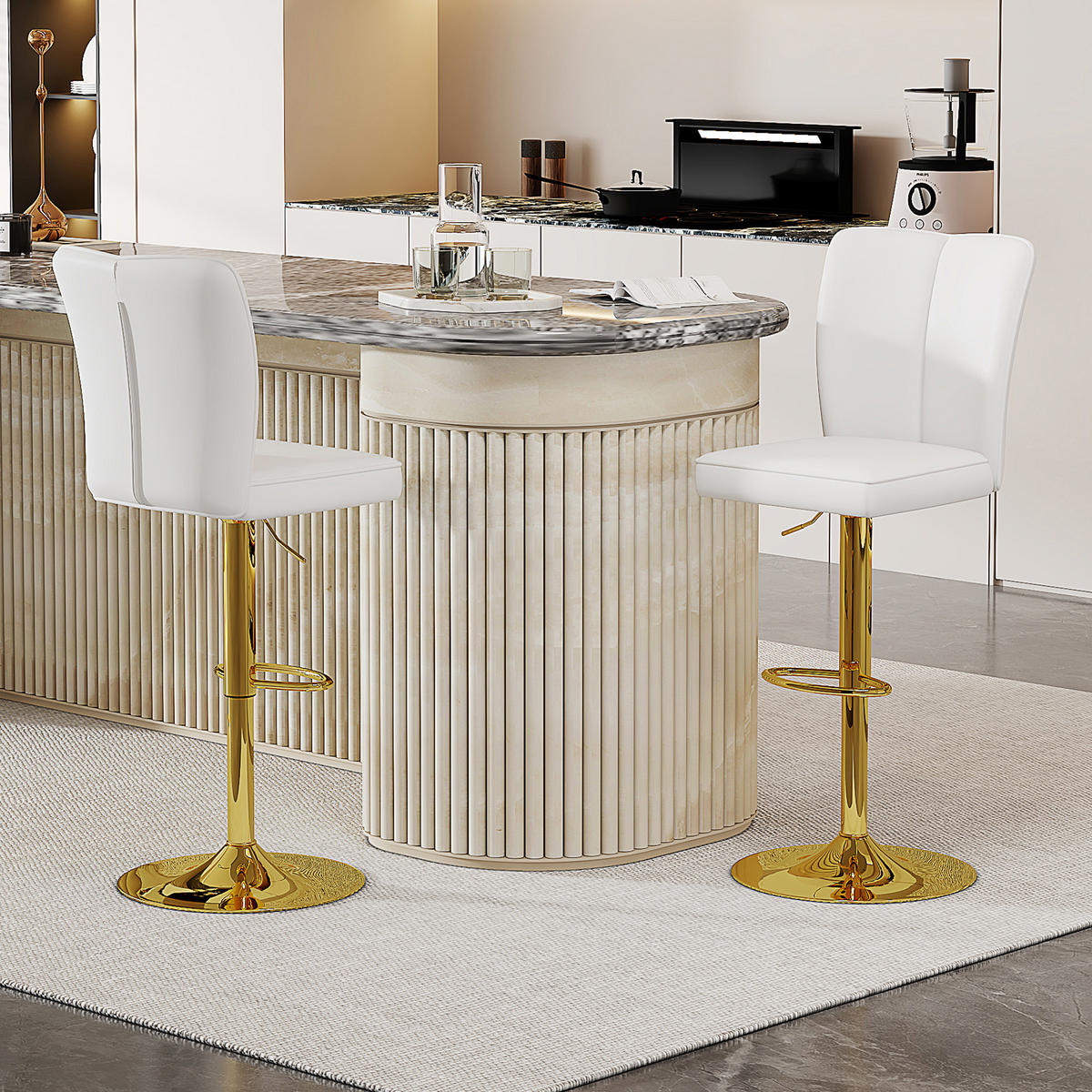 BARHOCKER 2er-Set Weiß-Gold Höhenverstellbar Drehbar 360° mit Rückenlehne und PU-Leder - Weiß, Metall (44.5/95.5/44cm) - PANGIVO