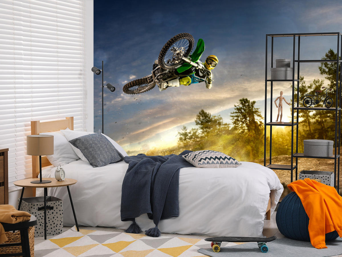 FOTOTAPETE für Jugendzimmer Motocross Sprung Berge Bäume 500x350 - Gelb/Beige, Papier (500/350cm) - Muralo