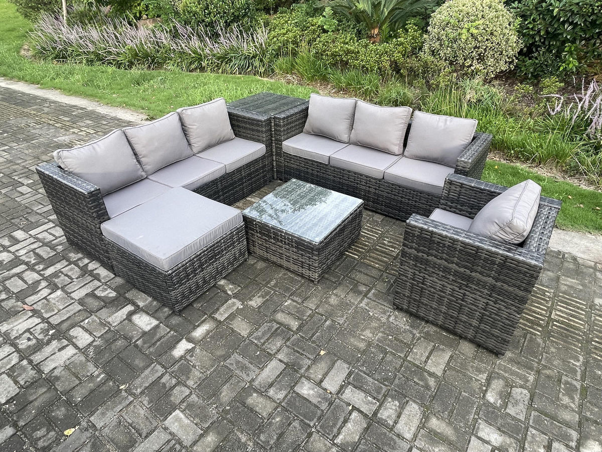 GARTENTISCHGRUPPE Polyrattan 8-Sitzer - Dunkelgrau, Metall - Fimous