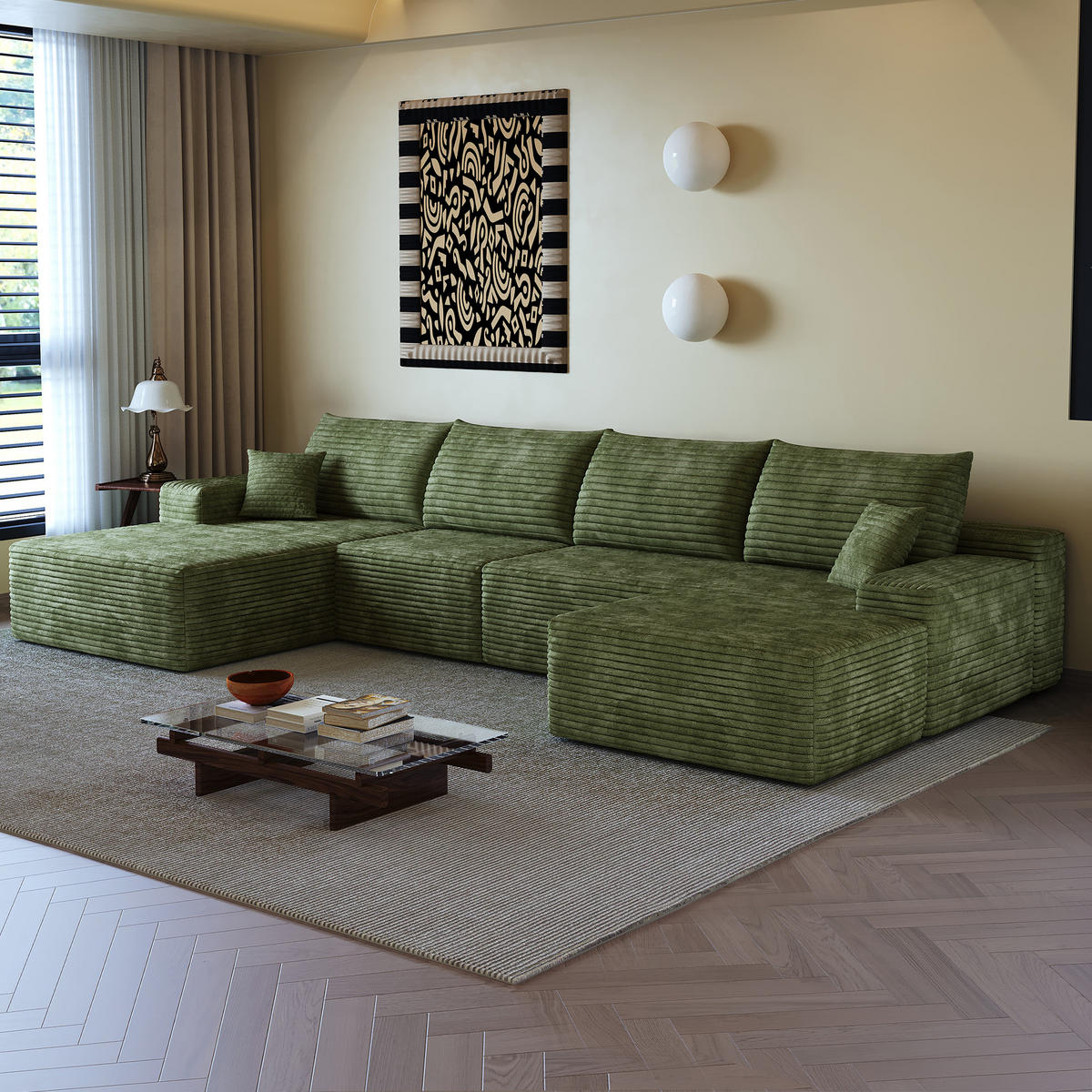 WOHNLANDSCHAFT DE-34857 U-Form 3-Sitzer Chaiselongue links Grün - Grün, Textil (175/83/270cm) - ComfortXL