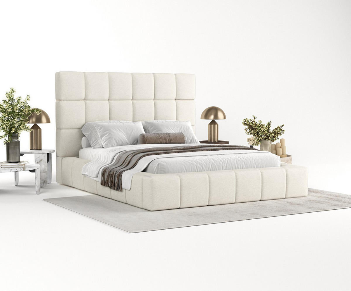 POLSTERBETT Skiathos mit Stauraum 180/200 cm Weiß im Bubble Stoff - Schwarz/Naturfarben, Holz/Holzwerkstoff (180/200cm) - AltaBeds