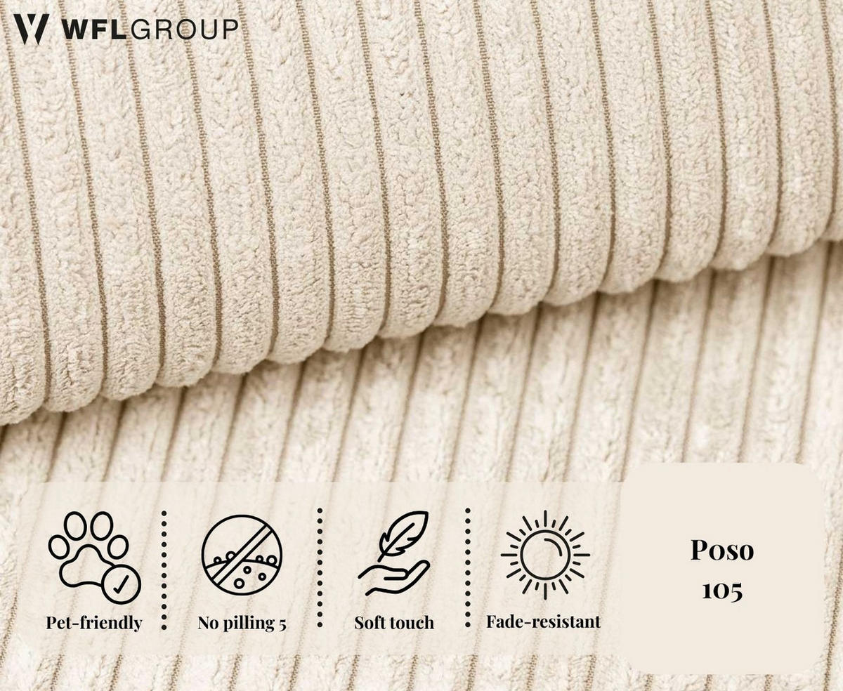 ECKSOFA Hana Loft 3-Sitzer Ecke Links, Cordstoff Chenille, Creme 241/80/168 cm - Creme/Schwarz, Textil/Metall (241/168cm) - WFL GROUP