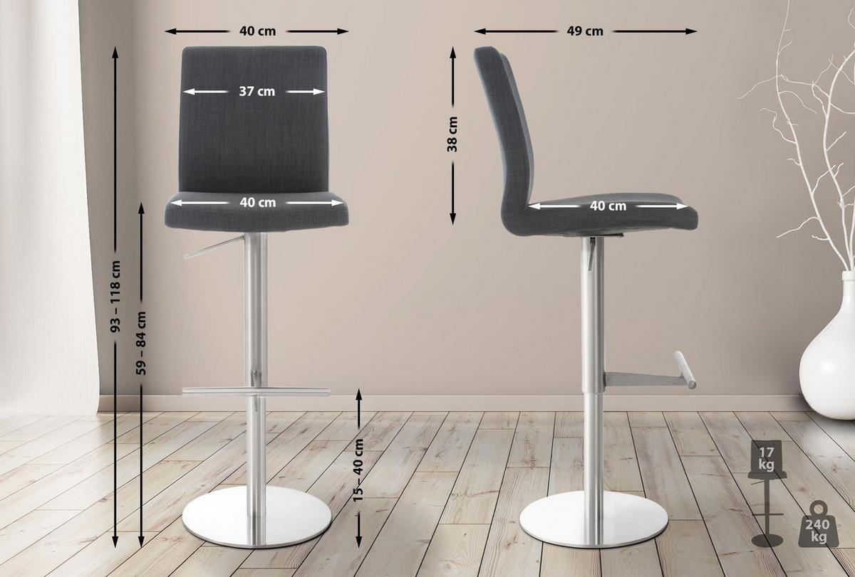 BARHOCKER 2er Set Stoff Dunkelgrau - Edelstahlfarben/Dunkelgrau, Textil/Metall (40/93/49cm) - CLP