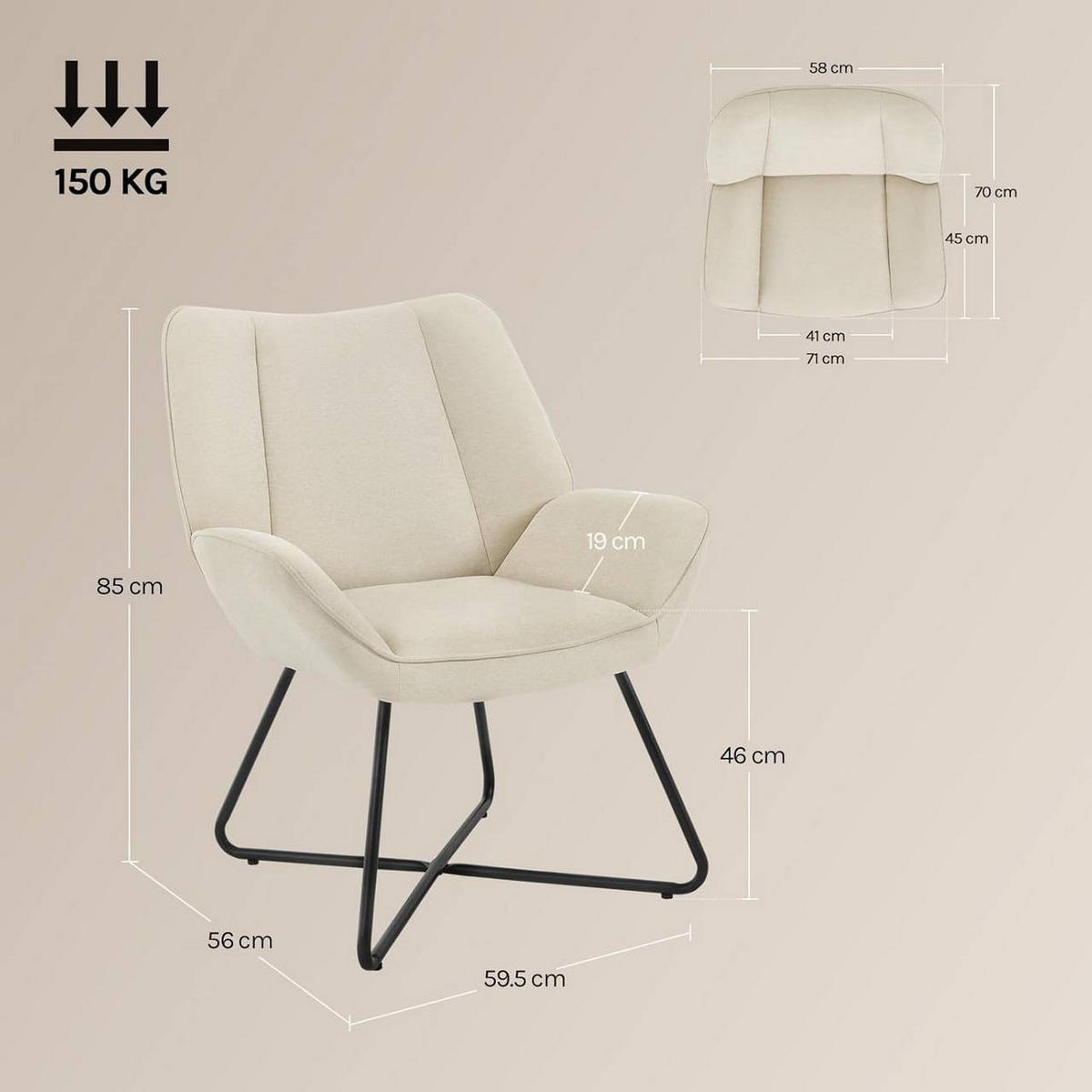 RELAXSESSEL mit Metallrahmen, Leinen, Beige - Beige/Schwarz, Keramik/Textil (71/85/70cm) - Woltu