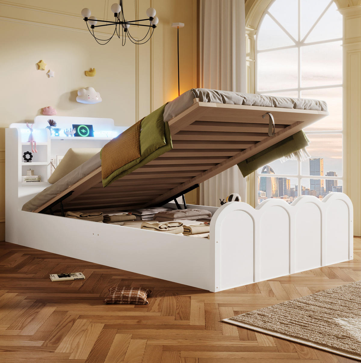 PANEELBETT 90/200 cm Weiß aus Massivholz und Holzwerkstoff mit hydraulischem Stauraum, USB- und Typ-C-Anschluss - Weiß, Holz (90/200cm) - OKMYHOME
