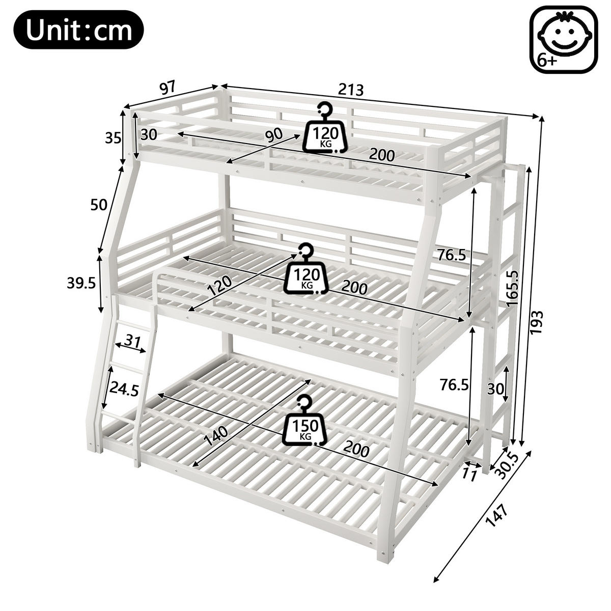 ETAGENBETT 90/120/140 x 200 cm, 3 Ebenen, DE-42019, in Weiß - Weiß, Metall (140/200cm) - ComfortXL