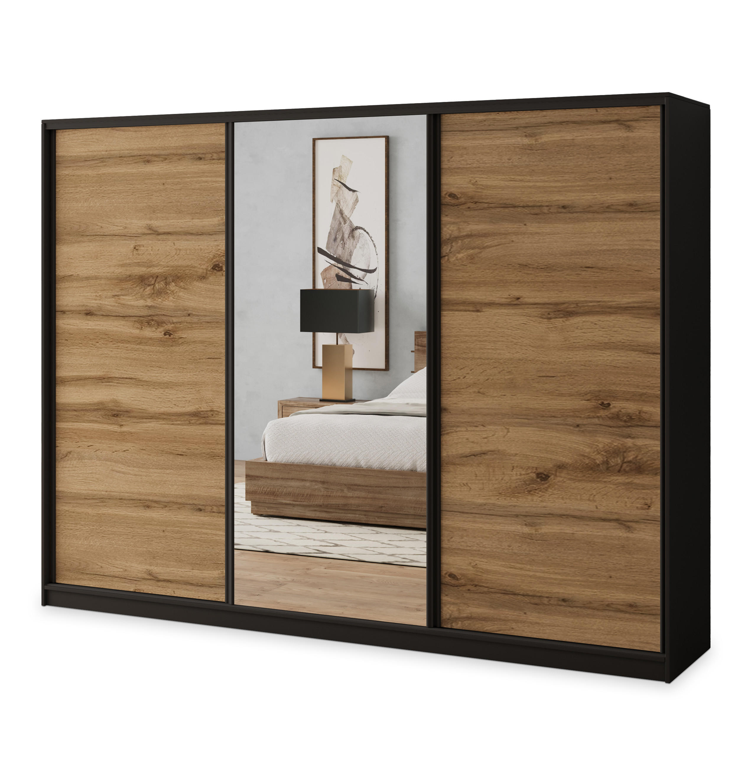 SCHWEBETÜRENSCHRANK SORE 250/205/58 cm 3-türig mit Spiegel und Schubladen Schwarz / Eiche Wotan - Eiche Wotan/Schwarz, Holzwerkstoff (250/205/58cm) - MASSENO