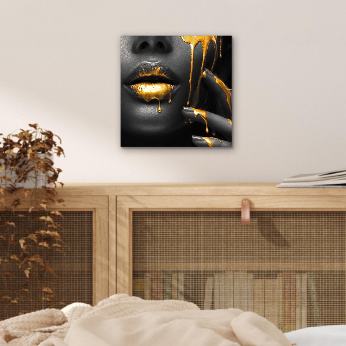 METALLBILD Frau - Schwarz - Gold - Gesicht - Lippen 20x20 cm - Goldfarben, Metall (20/20cm) - MuchoWow