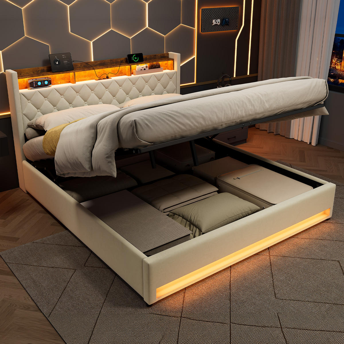 POLSTERBETT 180/200 cm in Beige, Samt, mit Bettkasten, USB, LED, ohne Matratze - Beige, Holzwerkstoff/Textil (180/200cm) - WISHDOR